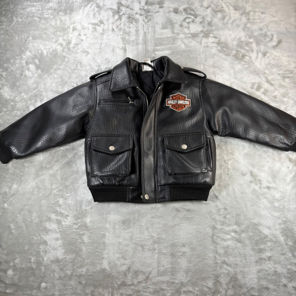 Harley-Davidson Kids Black Faux Leather Biker Bomber Jacket Embroidered Small